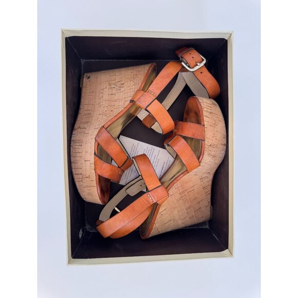 Coach Tan Leather Cork Wedge Sandals With Gold Details Size 8 - Picture 10 of 12